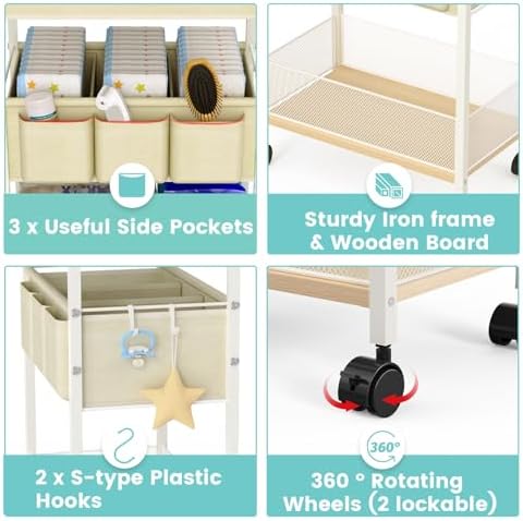 2In1 Baby Diaper Caddy & 3-Tier Rolling Cart, Diaper Caddy Organizer Carts with Dividers, Mobile Metal Utility Cart for Nursery Essentials, Detachable Bedside Cart, Large Capacity, White - Image 6