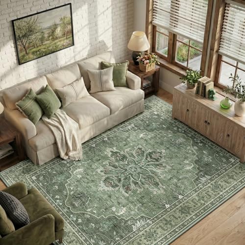 RELEANY Washable Area Rug, 7'x9', Green/Dark Green/Gray by RELEANY