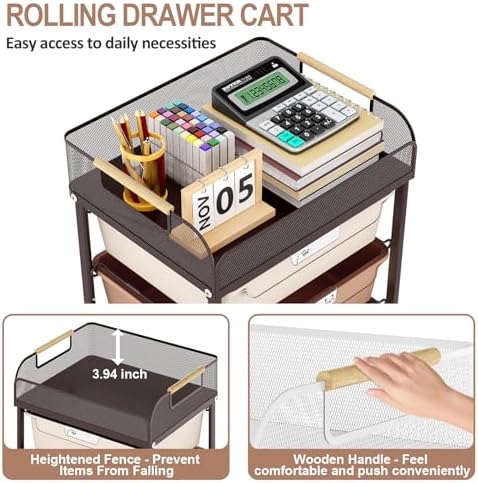 SYKIARIOL 4-Drawer Rolling Storage Cart with Mesh Top,Brown - Image 6