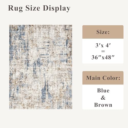 3x4 Rug Washable for Entryway - Non-Slip Modern Small Indoor Area Rug for Bathroom,Living Room，Bedroom - Abstract Neutral Soft Low-Pile Throw Mat with Rubber Backing (Blue Brown) - Image 2