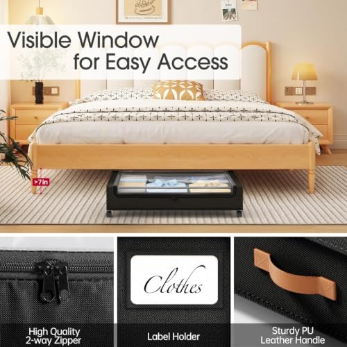 Yecaye Under Bed Storage with Wheels 60L, 2 Pack Under Bed Storage Containers, Underbed Shoe Storage with Clear Window & Label, Rolling Under Bed Metal Drawer for Clothes, Shoes, Books, Black - Image 4