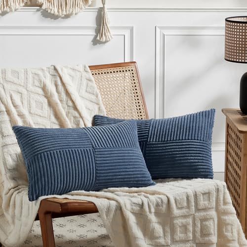 Fancy Homi 2 Packs Dusty Blue Lumbar Decorative Throw Pillow Covers 16x32 Inch for Couch Bed Sofa, Rustic Farmhouse Boho Home Decor, Soft Striped Corduroy Rectangle Accent Cushion Case 40x80 cm by Fancy+Homi