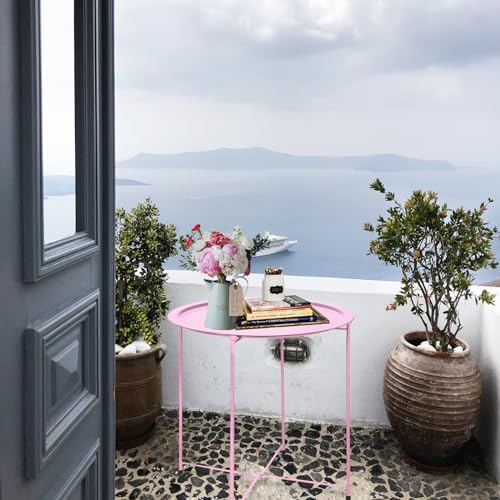 Garden 4 you End Table 2 PCS Metal Side Table Pink Round Folding Tray Cyan Sofa Small Accent Fold-able Table, Round End Table Tray, Next to Sofa Table, Snack Table for Living Room and Bed Room - Image 7