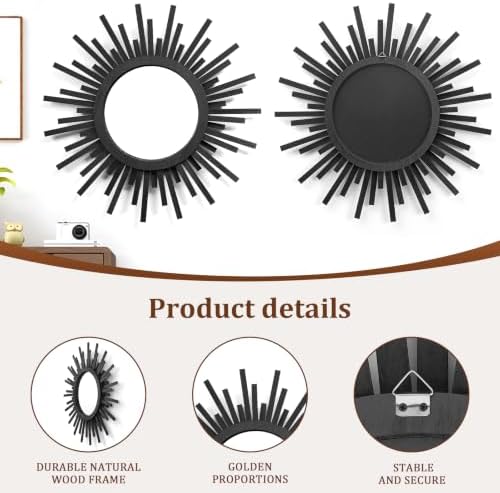 24 Inch Boho Sunburst Mirror, Round Wooden Wall Decor Starburst Sun Mirror for Bedroom, Living Room, Bathroom, Hallway, Balcony, Farmhouse Entryway, Housewarming Gift（Black - Image 4