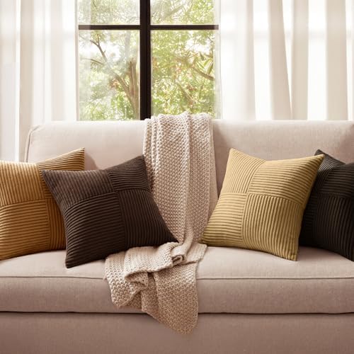 MIULEE Boho Decorative Throw Pillow Covers 18x18 Set of 4 Farmhouse Neutral Cushion Cases Gradient Corduroy Pillow Cases Modern Soft Corduroy Patchwork Home Decor for Couch Sofa Bedroom Camel Brown - Image 2