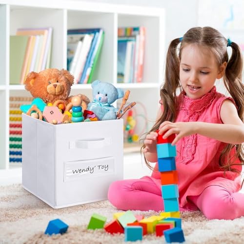 Fabric storage cubes (Set of 8) 11 Inch Cube Storage Bin, Cube storage with 8 Labels Window Cards & a Pen, Foldable cube Organizer bins,11x11 Storage bin, Cubby Organizer Boxes, White - Image 5