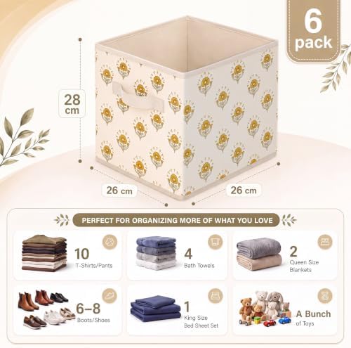 Bokon 6 Pcs 11'' Mustard Yellow Block Print Storage Bin Floral Storage Cube - Image 2