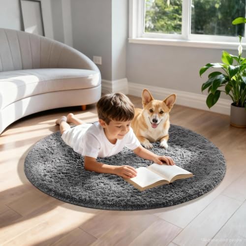 Ophanie Round Rugs 3Ft Grey Circle Area Rug,Christmas Room Decor, Aesthetic Nursery Bedroom Carpet, Fluffy Fuzzy Plush Soft Shaggy Gray Living Room Rugs for Kids Boys Girls Teen Baby Home, Dorm - Image 3