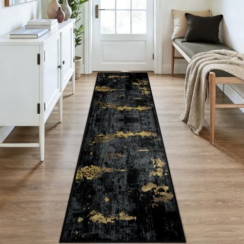 RELEANY Washable Runner 2'x9' Abstract Area Rug for Hallway Black Gold - Image 2