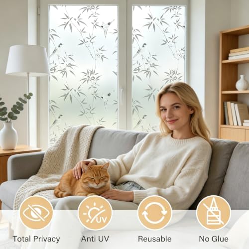 Finnez Window Privacy Film, Frosted Bamboo Window Cling, 17.5" x 78.7" - Image 5