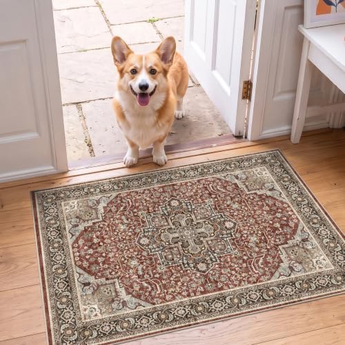 2x3 Washable Entryway Area Rug - Non-Slip Vintage Throw Rugs Red Brown by Puino