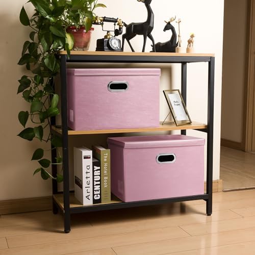 PRANDOM Large Stackable Storage Bins with Lids [5-Pack] Leather Fabric Foldable Storage Boxes Organizer Containers Baskets Cube with Cover for Bedroom Closet Office Nursery Pink (17.7x11.8x11.8) - Image 3