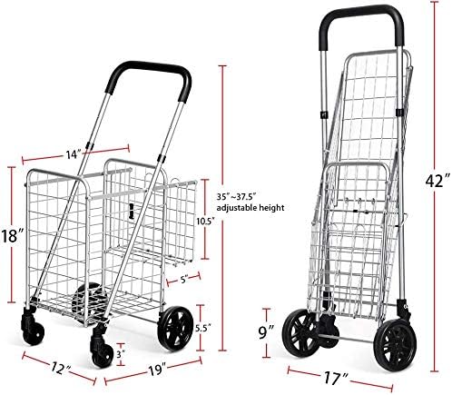ARLIME Folding Shopping Cart, Double Basket Supermarket Cart with Adjustable Wide Cushion Handle Bar and Swivel Wheels, Suitable for Grocery Book Luggage Travel Laundry, Large Utility Carts (Silver) - Image 6