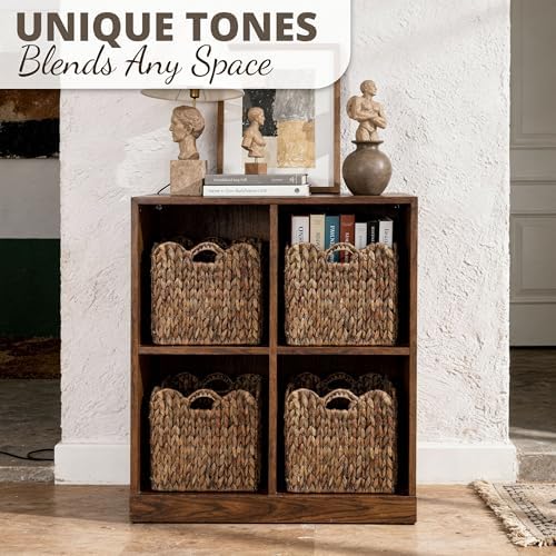 Set of 4 Foldable Scalloped Wicker Storage Cubes Basket, Storage Cube Bins -12"x12"x12", Collapsible Cube Organizers, Water Hyacinth Woven Bins for Bathroom, Bedroom, Shelves,...(Espresso Color) - Image 4