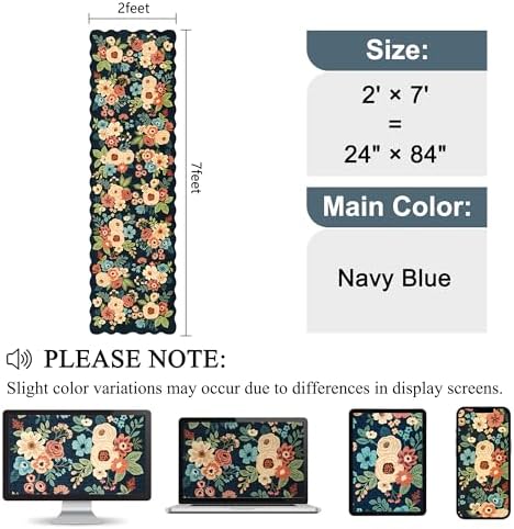 DUKINO 2x7 Runner Rug for Hallway, Floral Washable Kitchen Rug, Navy Blue - Image 2