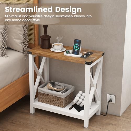 Hadulcet Farmhouse End Tables Living Room Set of 2, Narrow Side Table with Charging Station, Slim Nightstand for Small Space, Skinny Bedside Table, Sofa Side Table with Storage Shelf, White & Brown - Image 5