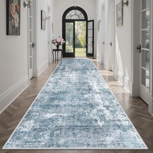 Soalmost Abstract Runner Rug 3x10 Hallway Kitchen Rugs Non-Slip, Blue/Grey - Image 3