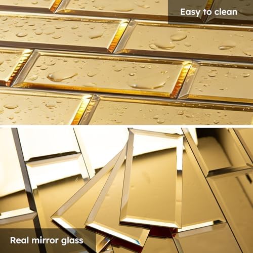 Diflart Peel and Stick Mirror Backsplash, Gold, 3x6 Inch, Beveled Mirror Subway Kitchen Bar Wall Tile (5 Sq.ft, 40 Pcs) - Image 5