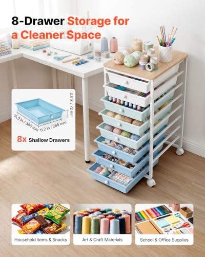 VEVOR Rolling Cart with Drawers, 8 Drawer Storage Organizer, Mobile Utility Cart with Wood Top, Steel Frame, Universal Casters & 2 Brakes, for Office, Classroom, Craft Supplies, Bedroom, Green Blue - Image 2