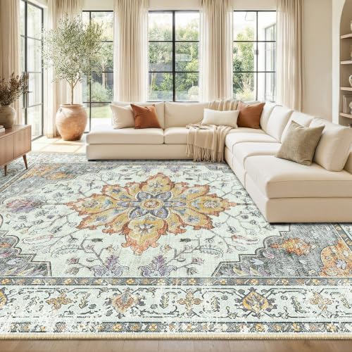 RELEANY Washable Area Rug, 8'x10', Beige/Carbon Grey/Orange by RELEANY