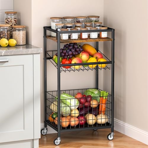 Fruit Vegetable Cart, 3-Tier Snack Cart on Wheels & Wood Top, Brown by Kssiaz