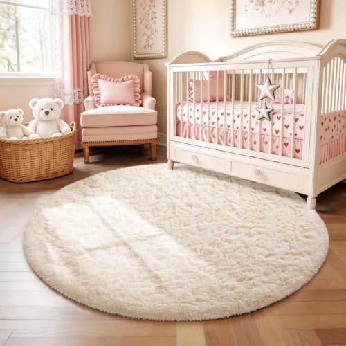 Ophanie Round Rug 4Ft Ivory Circle Area Rugs, Fluffy Fuzzy Small Bedroom Carpet 4 foot, Plush Shag Floor Cream Living Room Christmas Circular Aesthetic Decor for Kids Teen Boys Baby, Nursery,Classroom by Ophanie