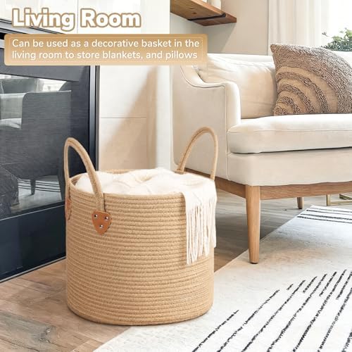 CHICVITA Jute Wicker Storage Basket with Leather Handles, 14" x 12"，Jute - Image 3