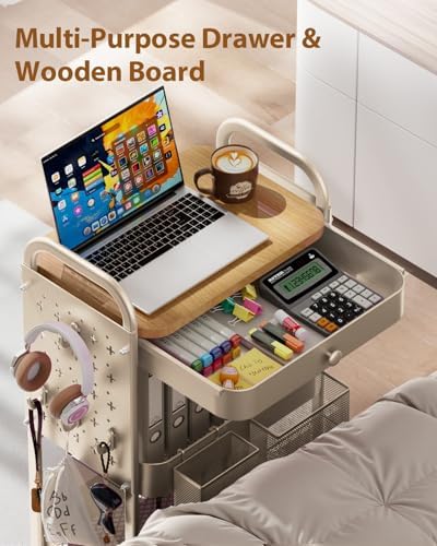 ALVOROG 3 Tier Metal Rolling Cart with Drawer,Wood Top,Pegboards,Khaki - Image 2