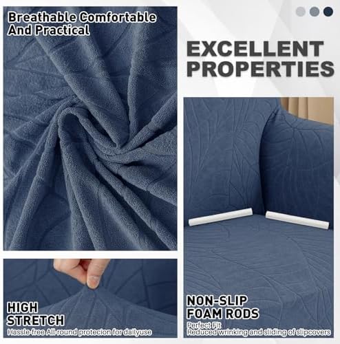YEMYHOM Couch Cover Latest Jacquard Design High Stretch Sofa Covers for 3 Cushion Couch, Pet Dog Cat Proof Slipcover Non Slip Magic Elastic Furniture Protector (Large, Begonia Leaf Navy) - Image 3