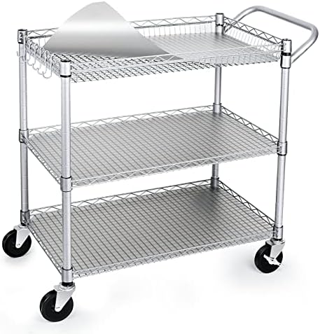 WDT 990Lbs Capacity Heavy Duty Rolling Utility Cart, NSF Rolling Carts with Wheels,Commercial Grade Metal Cart with Handle Bar & Shelf Liner,Trolley Serving Cart for Restaurant,Kitchen,Gray by WDT