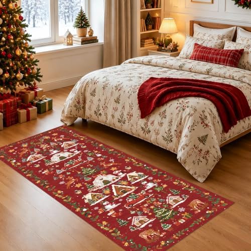 Red 2x6 Kitchen Runner Rug: Non-Slip Printed Hallway Christmas Tree Rugs Washable Low Pile Water Resistant Entryway Bathroom Floor Carpet Soft Mat for Bedroom Bathroom Distressed Beside Rug（2x6，Red） - Image 4