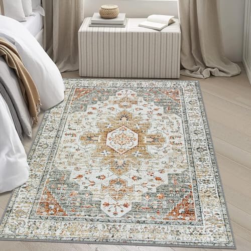 Moynesa Ultra-Thin Washable Area Rug - 4x6 Vintage Living Room Rugs Non-Shed Non Slip, Oriental Low Pile Indoor Accent Floor Carpet for Bathroom Bedroom Laundry Mudroom Entrance, Beige/Gold - Image 3