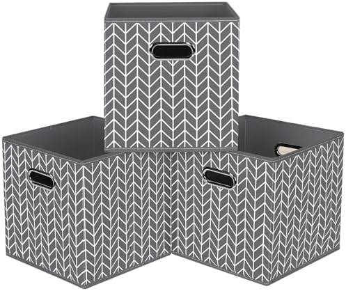 Black Foldable Storage Cubes Bins, Fabric Storage Box Cubes Organizer Baskets with Dual Handles for Home Organizer,Set of 3,(Grey Wave) by HEAYEEG