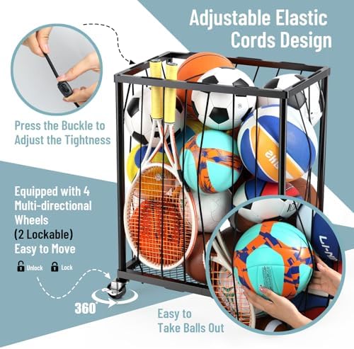 TomCare Garage Ball Storage Rack, Rolling Sports Cart with Lockable Wheels - Image 3