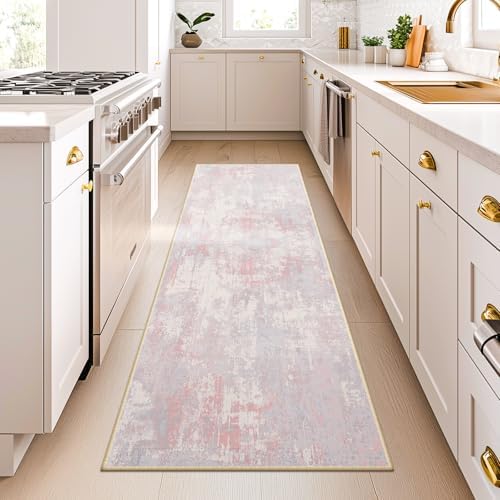 RELEANY Washable Runner 2'x6' Abstract Area Rug for Hallway Gray Pink - Image 5