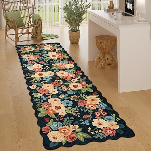 DUKINO 2x6 Runner Rug, Floral Washable Rug for Kitchen Non Slip, Navy Blue by DUKINO