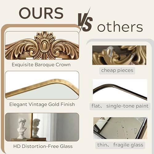 PERFNIQUE Vintage Mirror, 30" X 19" Gold Arched Antique Baroque Mirror - Image 6
