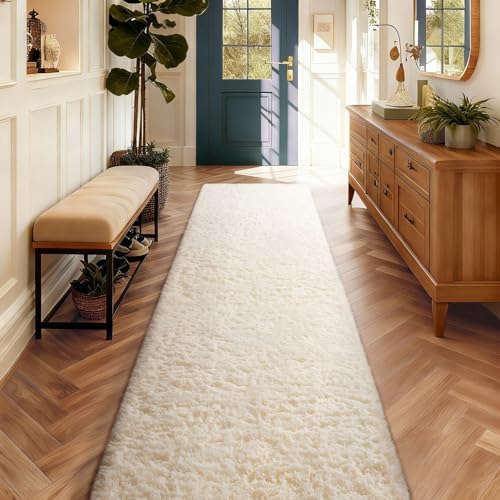Ophanie 2x10 Runner Rug for Hallway, Upgrade Non-Slip Fluffy Soft Bedside Rugs, Bedroom Living Room Ivory Shaggy Carpet for Kids Dorm Home Decor with Over 99 pcs Pile fibers by Ophanie