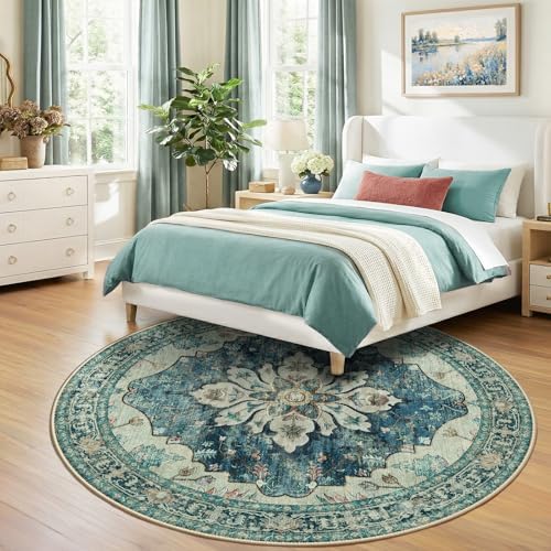 RELEANY Washable Area Rug, Round 8ft, Blue/Vintage Dark Blue - Image 3