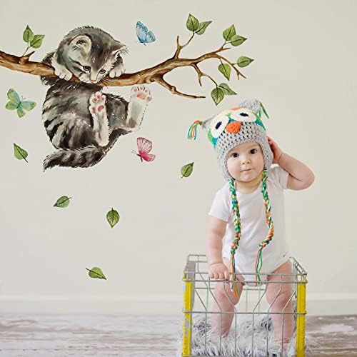 Yovkky Cat on Tree Branches Wall Decals Stickers, Kitty Animal Nursery | Decor, Green Leaves Baby Kids Bedroom Home Decorations Art - Image 3