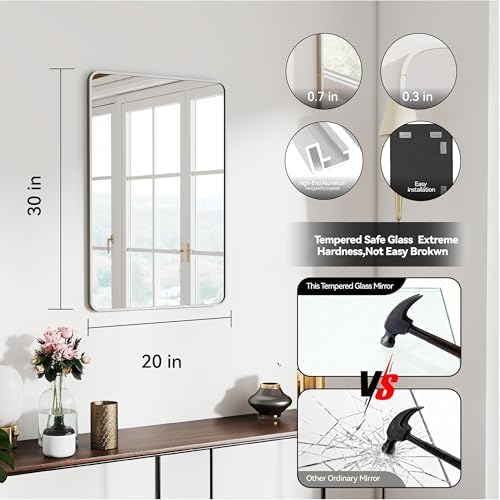 30x20 Bathroom Mirror Rect Wall Mounted Aluminum Metal Frame Silver - Image 3
