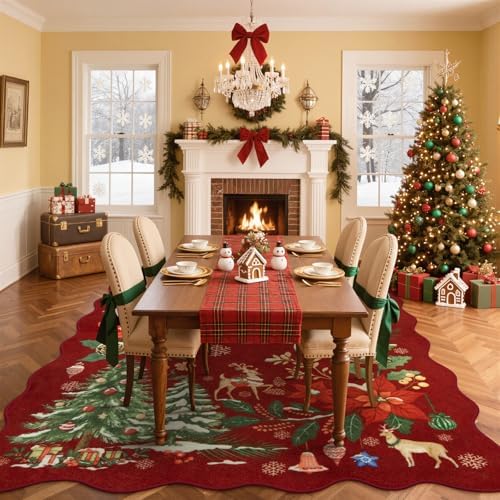 Lahome Floral Christmas Rugs for Living Room, Washable Christmas Rug 8x10 Under Bed Soft Xmas Tree Red Rug, Stain Resistance Large Carpets for Dining Room Office Home Decor, Red - Image 2