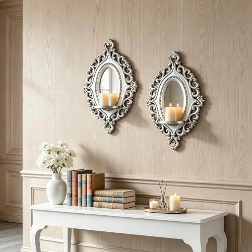2 Set Vintage Candle Wall Sconce for Home Decor Living Room Bedroom Office Wood Antique Mirrored Victorian Mounted Candlestick Wall Holder Relief Hanging Decor -Silver 11.8in by sxnzequnze