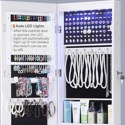 GISSAR Full Length Mirror Jewelry Cabinet, 6 LEDs Jewelry Armoire Wall Mounted Over The Door Hanging, Jewelry Organizer Storage with Lights Lockable White - Image 7