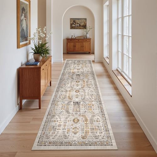 Madane Kitchen Runner Rug 2x7 with Rubber Backing Non Slip, Brown/Gold by Madane
