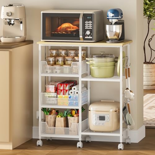 Rolling Kitchen Microwave Organizer Cart, Adjustable Shelves, White by Lyuwanxian
