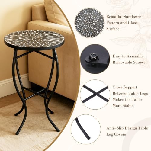 MUMTOP 14" Mosaic Outdoor Side Table, Small Round Patio Accent Table,Black - Image 3