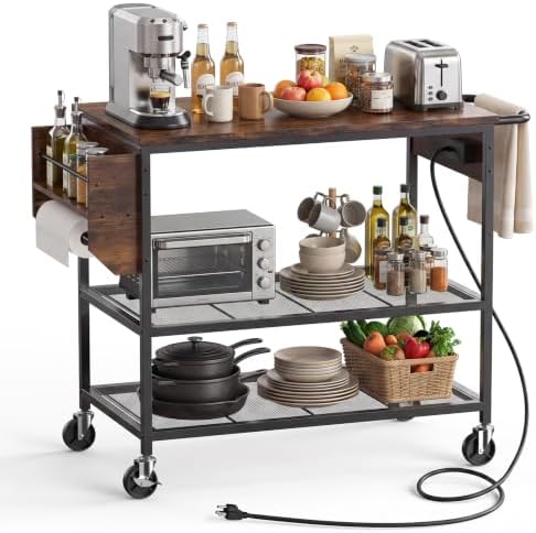 Rolling Kitchen Island with Storage, 3 Tier Kitchen Island Cart with Wheels,Wood Large Worktop, Storage Shelves, Lockable Casters, Power Outlet, Push Handle for Kitchen Dining Room by Unknown