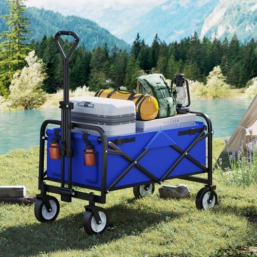 Collapsible Folding Wagon Garden Cart Beach Wagon Grocery Wagon All-Terrain Wheels Garden Grocery Wagon for Shopping Park Picnic, Beach Trip, Outdoor Activities, Camping (Blue) - Image 2