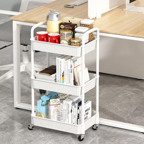 MOYIPIN 3-Tier Plastic Rolling Utility Cart with Handle,Utility Storage Cart for Office, Living Room, Kitchen,Movable Storage Organizer Shelves,White - Image 4